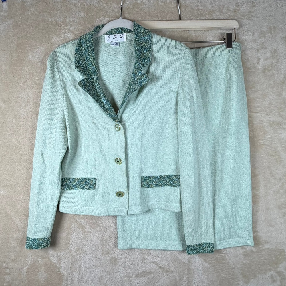 J.S.S. Vintage Mint Green Wool Blend Knit Skirt Set Petite Made in USA Cardigan